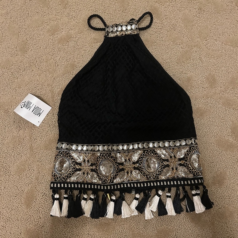 Moda Minx Black Halter Top with Sequin Embellishments